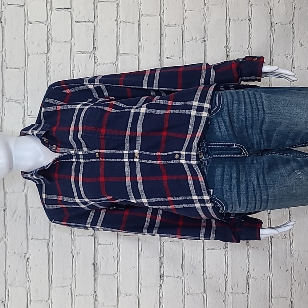 AE Boyfriend Fit Boxy Long Sleeve Button Up Checked/Plaid Shirt Navy/Red/White
